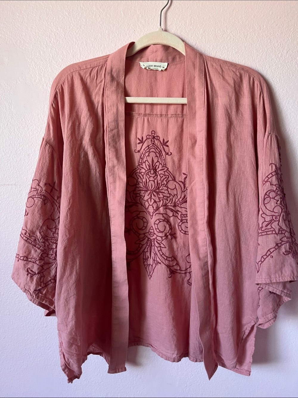 Lucky Brand Rose-Pink Embroidered Open Kimono